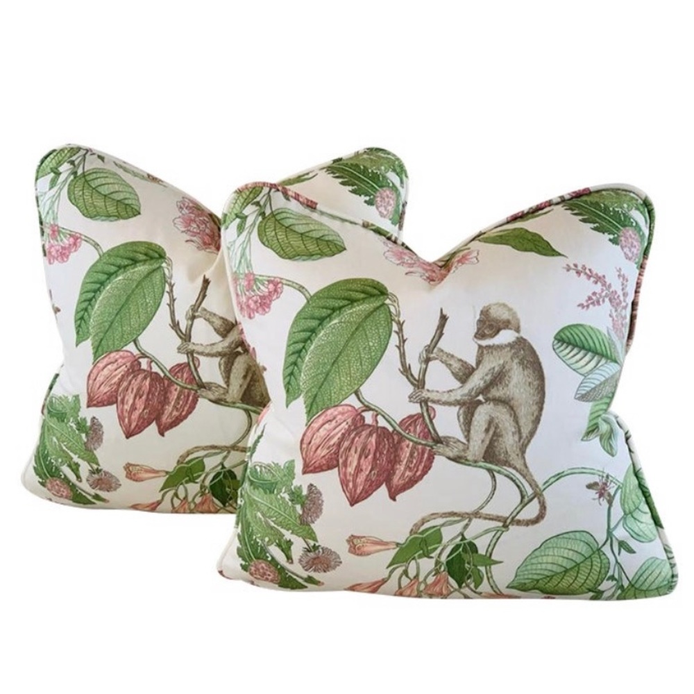PR 12" x 16” Designer P Kaufmann Pink Green Botanical Monkey Tropical Pillows